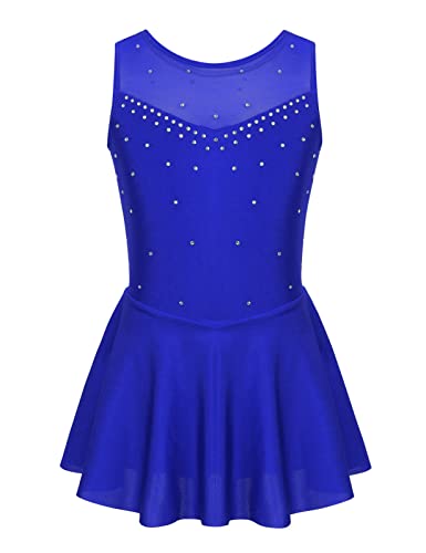 JanJean Mädchen Eiskunstlauf Kleid Glitzer Ballettkleid Ärmellos Turnanzug Balletttrikot Tanzkleid mit Rock Tütü Blau 134-140 von JanJean