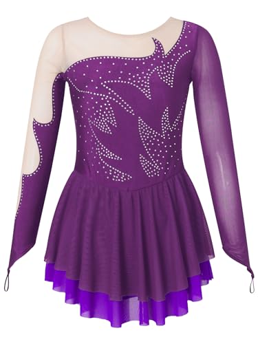 JanJean Mädchen Eiskunstlauf Kleid Glitzer Tanzkleid Langarm Ballett Trikot Tanz Body Ballettkleid Ballettanzug für Kinder 5-16 Jahre W Lila 146-152 von JanJean