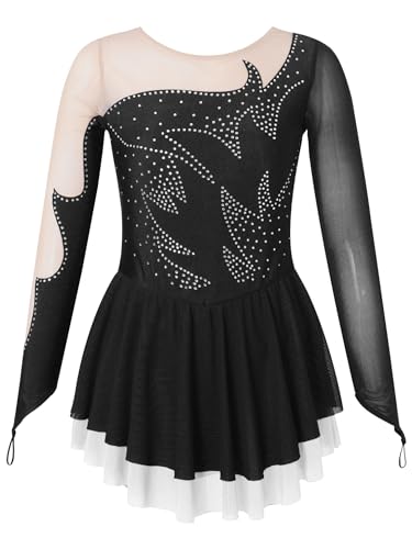 JanJean Mädchen Eiskunstlauf Kleid Glitzer Tanzkleid Langarm Ballett Trikot Tanz Body Ballettkleid Ballettanzug für Kinder 5-16 Jahre W Schwarz 146-152 von JanJean