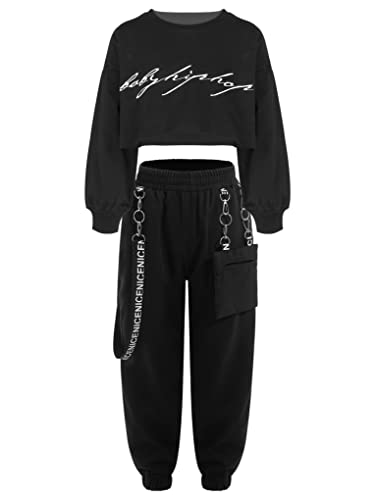 JanJean Mädchen Jogginganzug Sportanzug 2tlg Langarm Druck Crop Top mit Sport Jogginghose Tanz Sportkleidung Gr.98-176 Schwarz 110-116 von JanJean