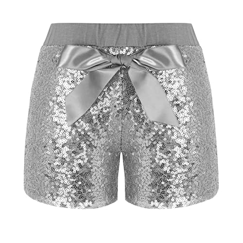 JanJean Mädchen Shorts Shiny Pailletten Hotpants Tanzshorts Einfarbige Glitzernde Kurze Hose Sporthose mit Schleife Kinder Bühne Tanzkostüm Silber 110-116 von JanJean