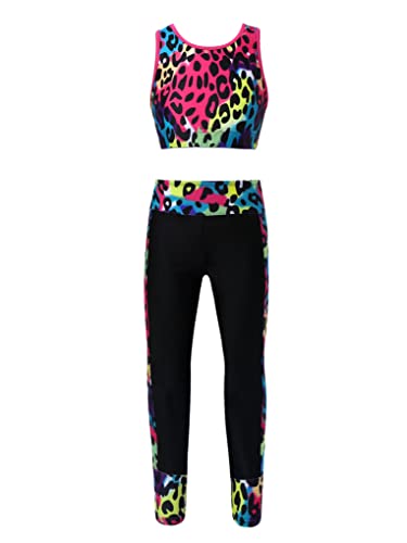 JanJean Mädchen Sportanzug Ärmellos Crop Top mit Tight Hose Leggings Sport Set Trainingsanzug Jogginganzug Mehrere Typen 4-16 Jahre D Leopard 110-116 von JanJean