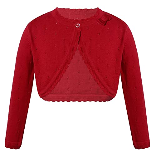 JanJean Mädchen Strickjacke Basic Bolero mit langen Ärmeln und einem Knopfverschluss Festlich Hochzeit Kommunion Taufe Jacke Gr.80-158 Rot 110-116 von JanJean