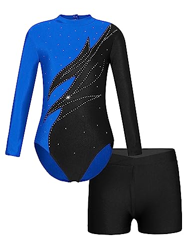 JanJean Mädchen Turnanzug Langarm Gymnastikanzug Glänzend Tanzbody mit Metallic Shorts Ballett Trikot Gymnastik Tanz Kostüme W Blau Schwarz 122-128 von JanJean