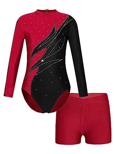 JanJean Mädchen Turnanzug Langarm Gymnastikanzug Glänzend Tanzbody mit Metallic Shorts Ballett Trikot Gymnastik Tanz Kostüme W Burgundy 122-128 von JanJean