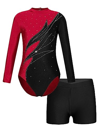 JanJean Mädchen Turnanzug Langarm Gymnastikanzug Glänzend Tanzbody mit Metallic Shorts Ballett Trikot Gymnastik Tanz Kostüme W Burgundy&Schwarz 122-128 von JanJean