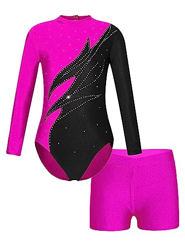 JanJean Mädchen Turnanzug Langarm Gymnastikanzug Glänzend Tanzbody mit Metallic Shorts Ballett Trikot Gymnastik Tanz Kostüme W Hot Pink 134-140 von JanJean