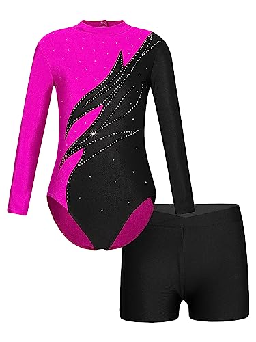 JanJean Mädchen Turnanzug Langarm Gymnastikanzug Glänzend Tanzbody mit Metallic Shorts Ballett Trikot Gymnastik Tanz Kostüme W Hot Pink & Schwarz 134-140 von JanJean