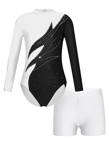 JanJean Mädchen Turnanzug Langarm Gymnastikanzug Glänzend Tanzbody mit Metallic Shorts Ballett Trikot Gymnastik Tanz Kostüme W Weiß 134-140 von JanJean