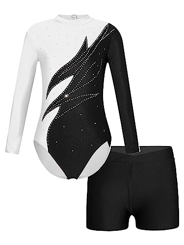 JanJean Mädchen Turnanzug Langarm Gymnastikanzug Glänzend Tanzbody mit Metallic Shorts Ballett Trikot Gymnastik Tanz Kostüme W Weiß schwarz 146-152 von JanJean