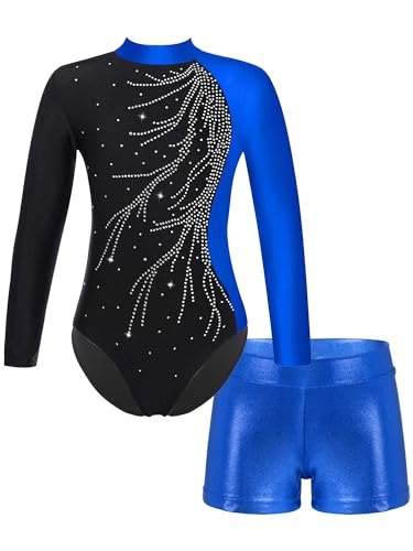 JanJean Mädchen Turnanzug Langarm Gymnastikanzug Glänzend Tanzbody mit Metallic Shorts Ballett Trikot Gymnastik Tanz Kostüme Blau 110-116 von JanJean