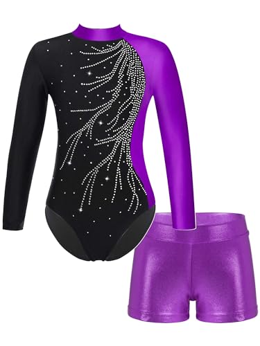 JanJean Mädchen Turnanzug Langarm Gymnastikanzug Glänzend Tanzbody mit Metallic Shorts Ballett Trikot Gymnastik Tanz Kostüme Violett 158-164 von JanJean