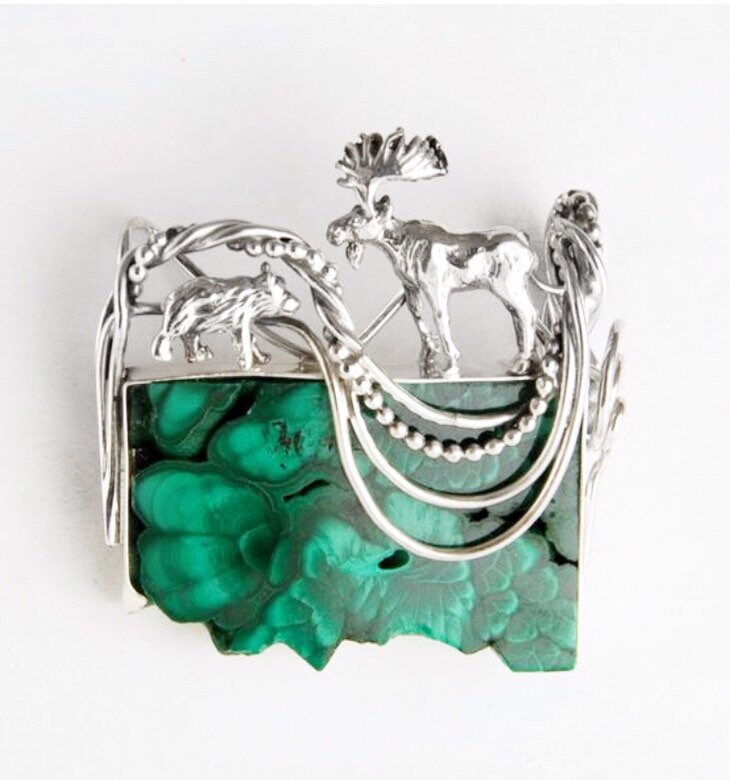 Elch & Bär 925 Silber Brosche Malachit-Geode Anhänger von JanPalomboDesign