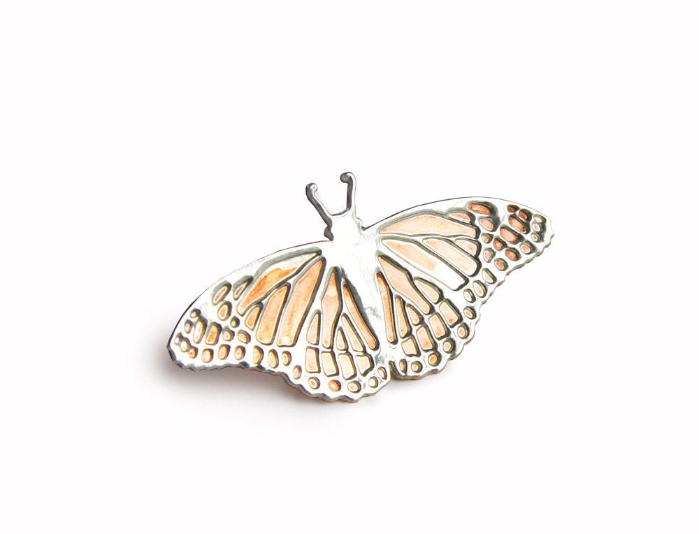 Geätzte Sterling Silber Monarchfalter Brosche - Kupfer Akzent Pin von JanPalomboDesign