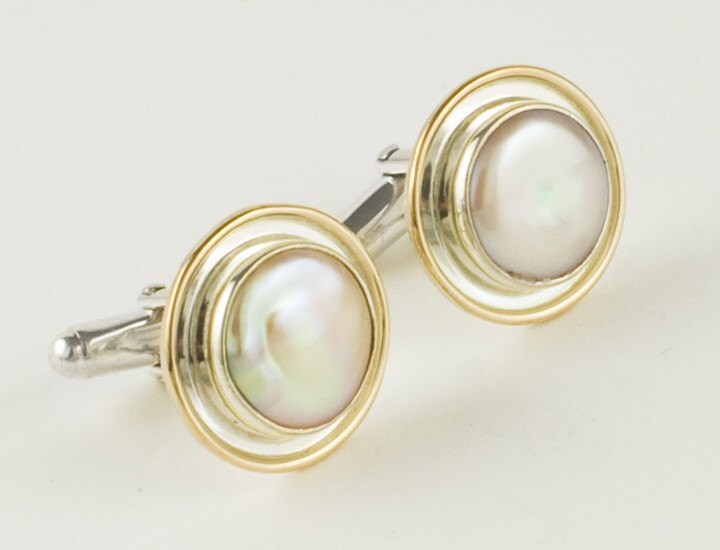 Handgemachte 14K Gold & Sterling Silber Manschettenknöpfe Mit Rosa Perle von JanPalomboDesign