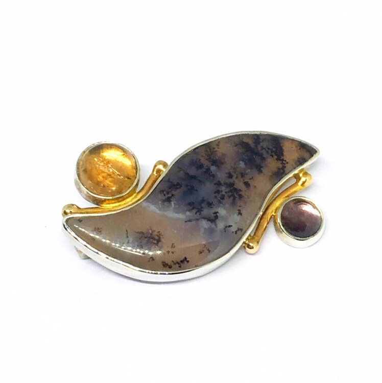 Lila Salbei Achat Brosche Sterling Silber, 14K Gold, Turmalin Akzent, Ein Unikat von JanPalomboDesign