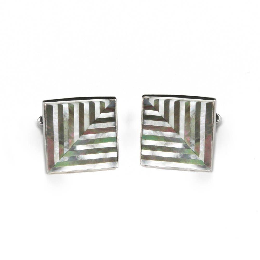 Perlmutt Fischgrät Manschettenknöpfe Sterling Silber Mosaik Inlay von JanPalomboDesign