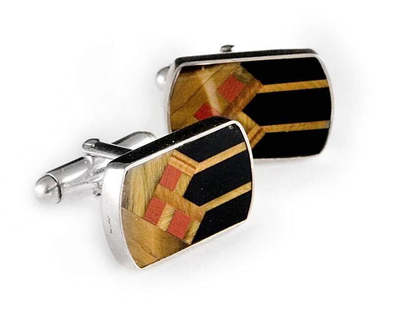 Sterling Silber Manschettenknöpfe Tigerauge, Schwarzer Onyx, Roter Jaspis Inlay, Mission Style von JanPalomboDesign