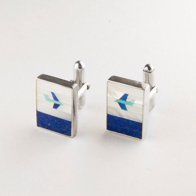 sterling Silber Flugzeug Manschettenknöpfe Perlmutt, Lapis & Türkis Mosaik von JanPalomboDesign