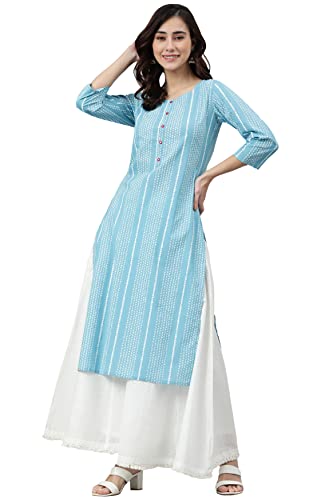 Janasya Damen Blau Baumwolle gestreift gerade Kurta, Blau, L Janasya Damen Blau Baumwolle gestreift gerade Kurta, Blau, L von Janasya