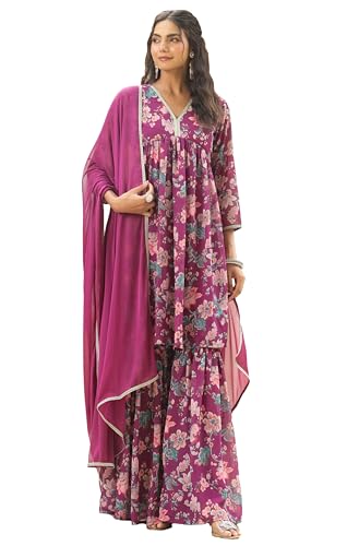 Janasya Indische Damen Georgette Digital Floral Printed Kurta mit Sharara und Dupatta, Violett, X-Large Janasya Indische Damen Georgette Digital Floral Printed Kurta mit Sharara und Dupatta, Violett, X-Large von Janasya