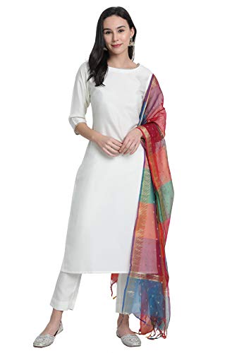 Janasya Indischer cremefarbener Kurta aus Polyseide mit Hose und Dupatta (SET268-KR-NP-M) für Damen (Nicht-gerade Weiss, Mittel) von Janasya