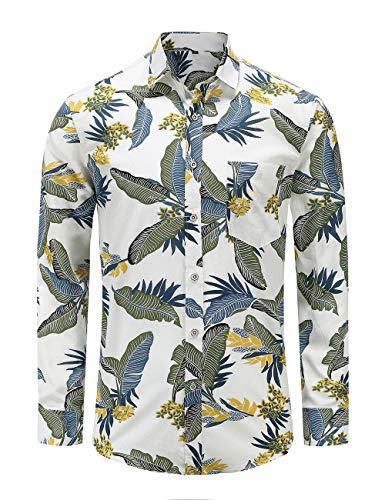 Jandukar Herren Langarm Knopfleiste Paisleys Baumwolle Freizeithemd Hawaiian Style Shirts Drucken Urlaub Slim Fit Männer Breiter Kragen Casual in Den Größen S-3XL(Palmblatt Weiß,2XL) von Jandukar