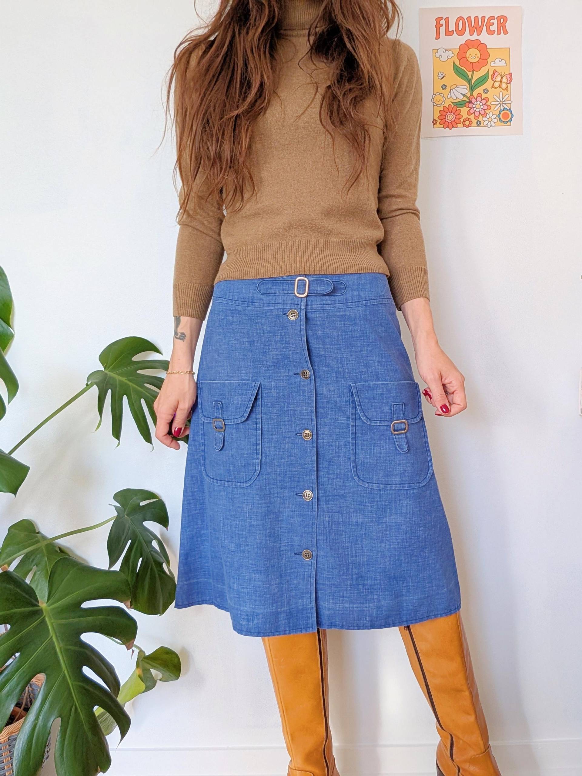 Blauer Jeansrock, Baumwollrock Mit Aufgesetzten Taschen | Vintage 70Er von JaneEtSergeVintage