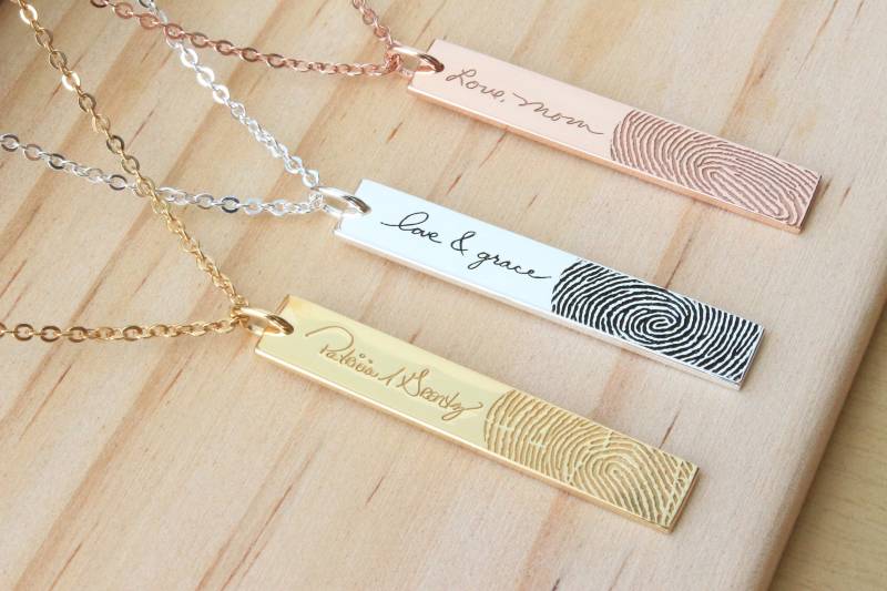 Personalisierte Fingerabdruck Handschrift Bar Halskette Sterling Silber, Gold, Roségold von JaneJewelryStore