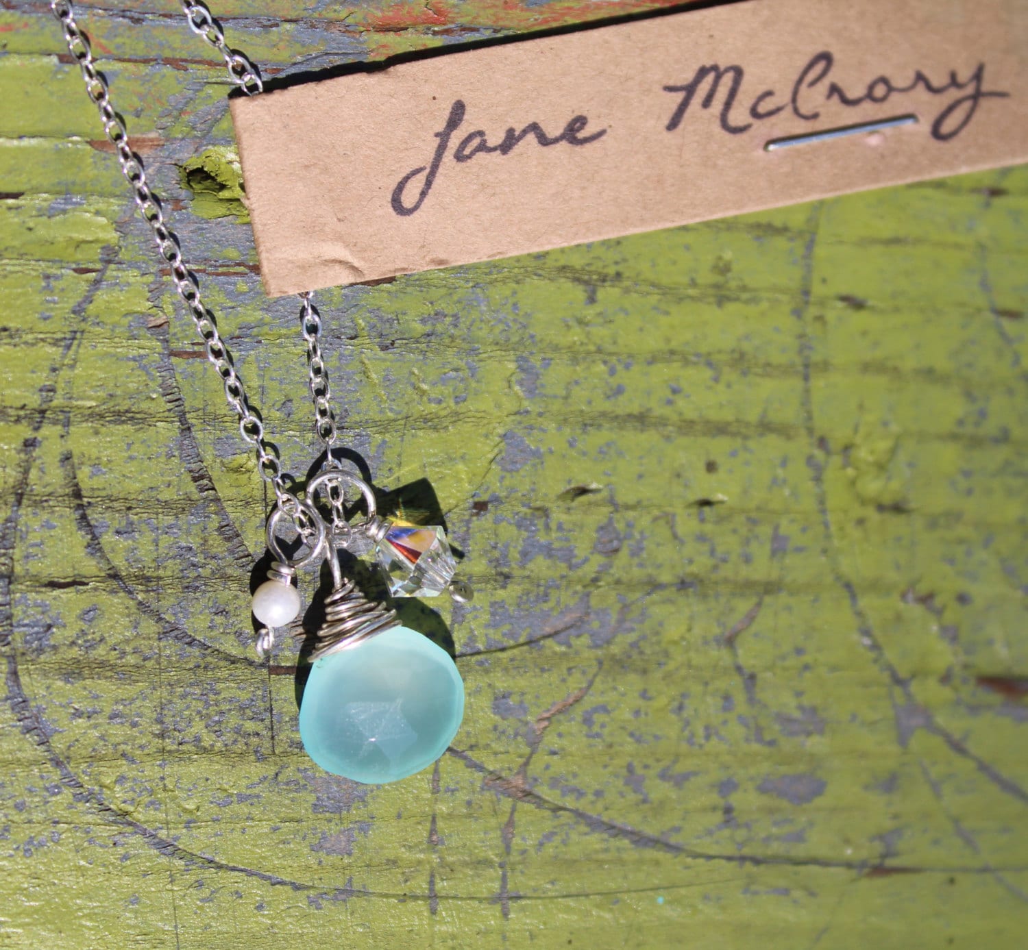 Aqua Chalcedon, Perlen Und Swarovski Halskette Aus Sterlingsilber von JaneMcCroryJewelry