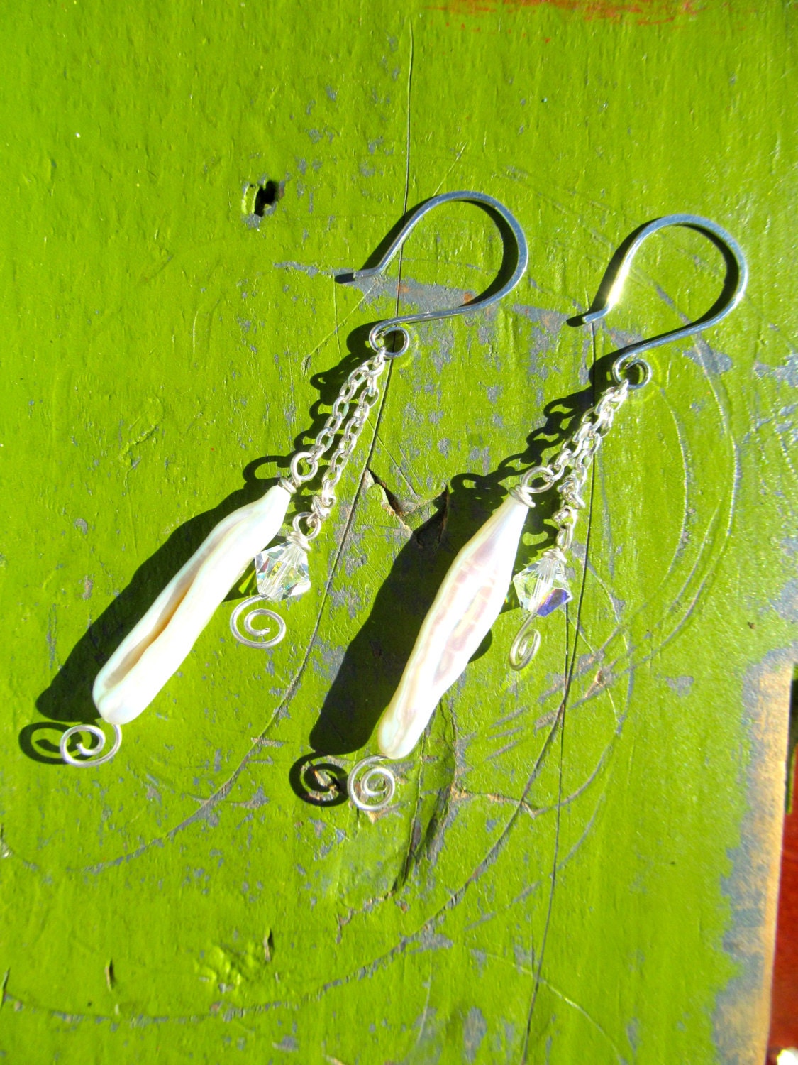 Perle Und Kristall Sterling Silber Ohrringe, Biwa Pearl Swarovski Lange Ohrringe An Kette von JaneMcCroryJewelry