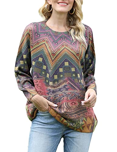 Janein Damen Pullover Oversize Lang Strickpullover Herbst Winter Rundhals Sweater mit Blumenmuster Weihnachtspullover 3XL S01DE CR35 von Janein