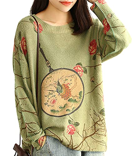 Janein Damen Pullover Oversize Lang Strickpullover Herbst Winter Rundhals Sweater mit Blumenmuster Weihnachtspullover M S01DE CR22 von Janein