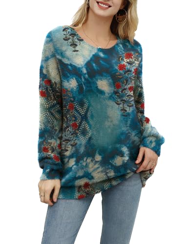 Janein Damen Pullover Oversize Lang Strickpullover Herbst Winter Rundhals Sweater mit Blumenmuster Weihnachtspullover S S01DE CR135 von Janein