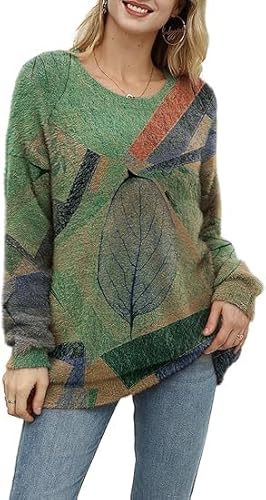 Janein Damen Pullover Oversize Lang Strickpullover Herbst Winter Rundhals Sweater mit Blumenmuster Weihnachtspullover 2XL S01DE CR105 von Janein