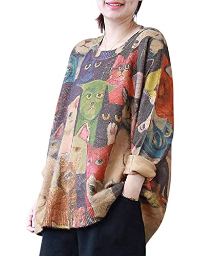 Janein Damen Pullover Oversize Lang Strickpullover Herbst Winter Rundhals Sweater mit Blumenmuster Weihnachtspullover 3XL S01DE CR01 von Janein