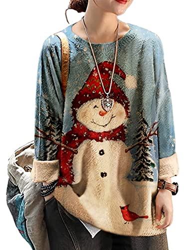 Janein Damen Pullover Oversize Lang Strickpullover Herbst Winter Rundhals Sweater mit Blumenmuster Weihnachtspullover 3XL S01DE CR121 von Janein