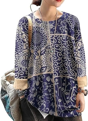 Janein Damen Pullover Oversize Lang Strickpullover Herbst Winter Rundhals Sweater mit Blumenmuster Weihnachtspullover L S01DE CR153 von Janein