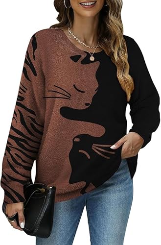 Janein Damen Pullover Oversize Lang Strickpullover Herbst Winter Rundhals Sweater mit Blumenmuster Weihnachtspullover M S01DE CR185C von Janein
