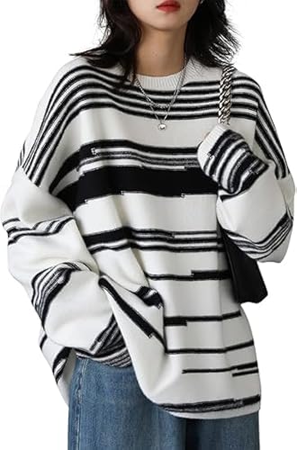 Janein Damen Pullover Oversize Lang Strickpullover Herbst Winter Rundhals Sweater mit Blumenmuster Weihnachtspullover XL S01DE CR147 von Janein