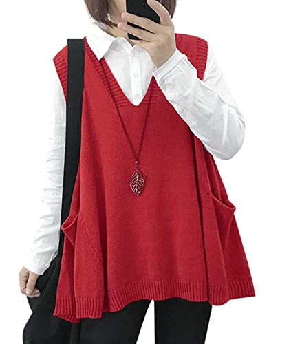 Janein Damen Pullunder ärmellos V Ausschnitt Stricken Weste Oversize Strickweste Beheizbare Tank Top Pullover L WM9DE Rot von Janein