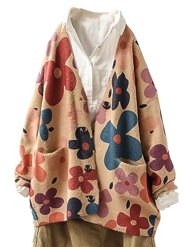 Janein Damen Strickjacke Lang Casual Lose Oversize Cardigan mit Drucken Pullover für Frauen Jumper Jacke 2XL S01TYP3DE CR101 von Janein