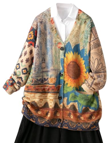 Janein Damen Strickjacke Lang Casual Lose Oversize Cardigan mit Drucken Pullover für Frauen Jumper Jacke S S01TYP3DE CR111 von Janein