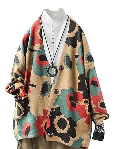 Janein Damen Strickjacke Lang Casual Lose Oversize Cardigan mit Drucken Pullover für Frauen Jumper Jacke XL S01TYP3DE CR106 von Janein