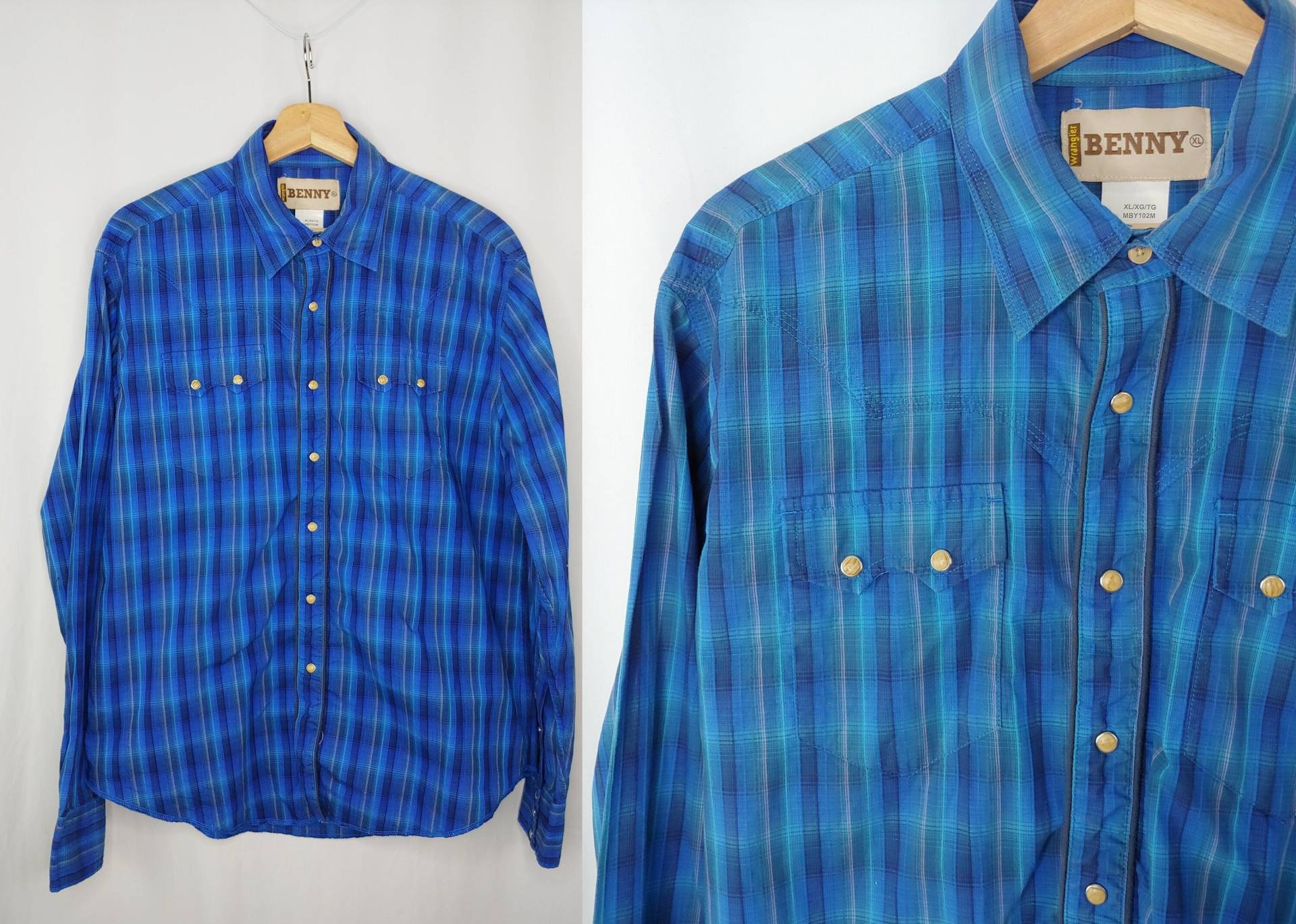 Vintage Seventies Herren Wrangler Benny Xl Blau Karo Langarm Pearl Snap Western Cowboy Hemd von JanetandJaneVintage