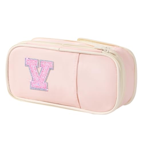 Janhavi Initial Tragbare niedliche Stiftebox mit Fach für Arbeitsbedarf, Organizer für Studenten, Erwachsene, Pink-V von Janhavi