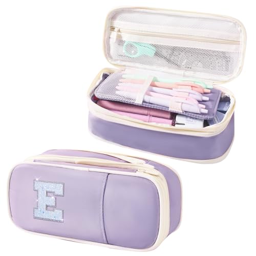 Janhavi Preppy Initial Pencil Case, Large Light Weight Pencil Box for School Supplies, Multifunctional Pen Bag for School Office Travel Gift for Birthday Christmas Purple E von Janhavi