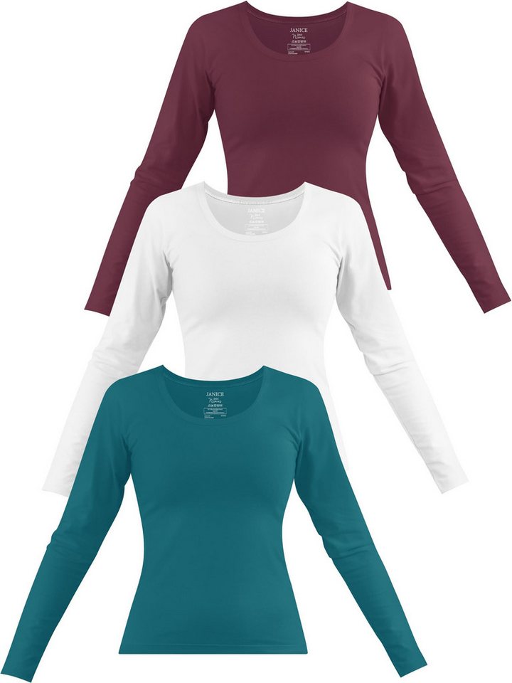 Janice Langarmshirt 3 x Damen Langarmshirt Nimes Figurbetonter Pullover aus Baumwolle von Janice