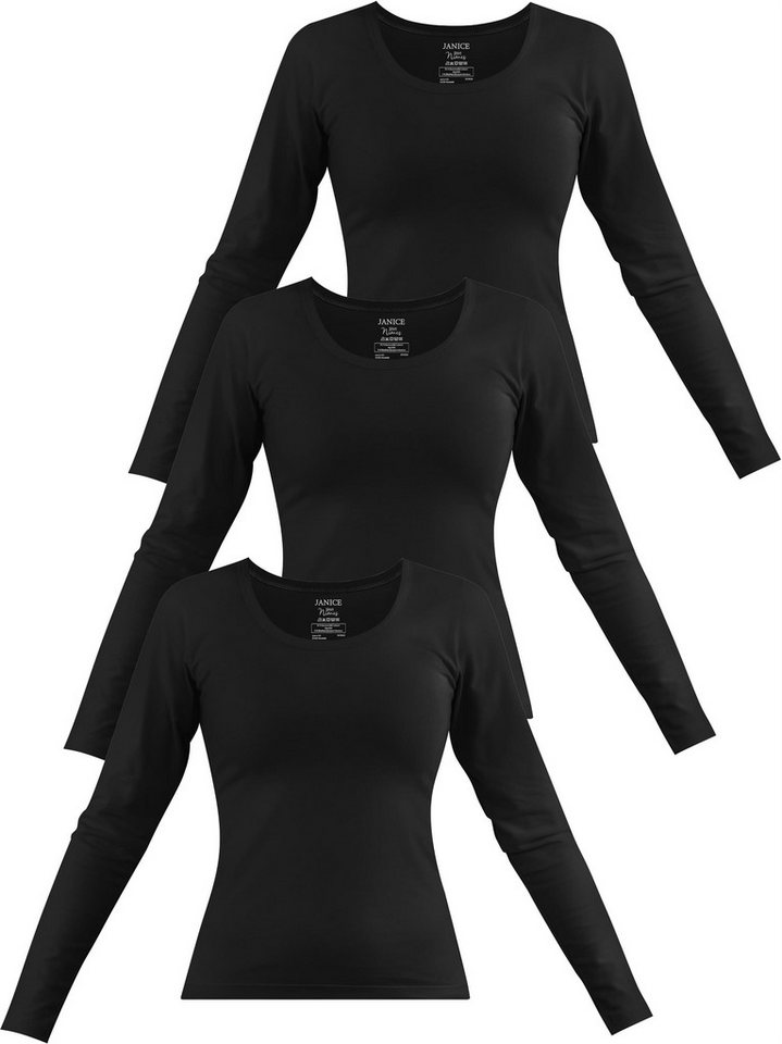 Janice Langarmshirt 3 x Damen Langarmshirt Nimes Figurbetonter Pullover aus Baumwolle von Janice
