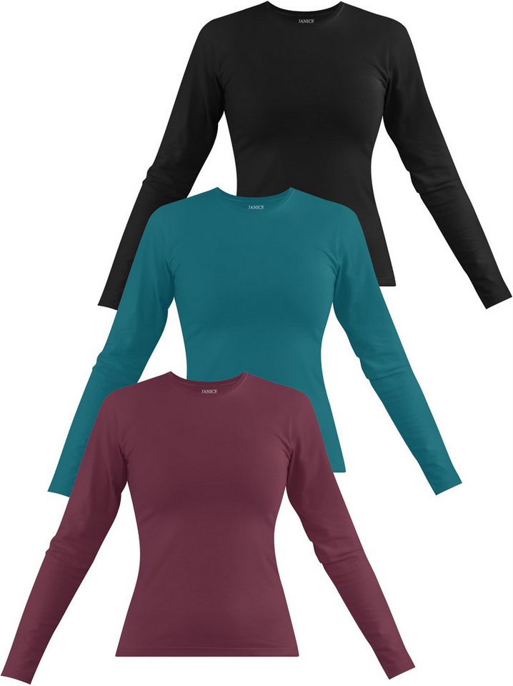 Janice Langarmshirt 3 x Damen Langarmshirt hochgeschlossen Niska Figurbetonter Pullover aus Baumwolle von Janice